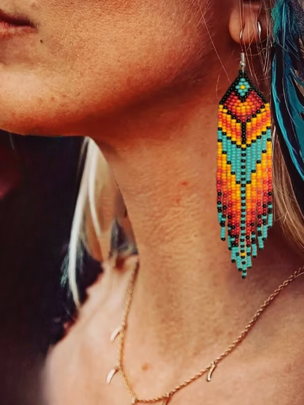 NWT Native American Style Beaded Fringe Earrings Boho Southwest Colorful - Picture 2 of 7